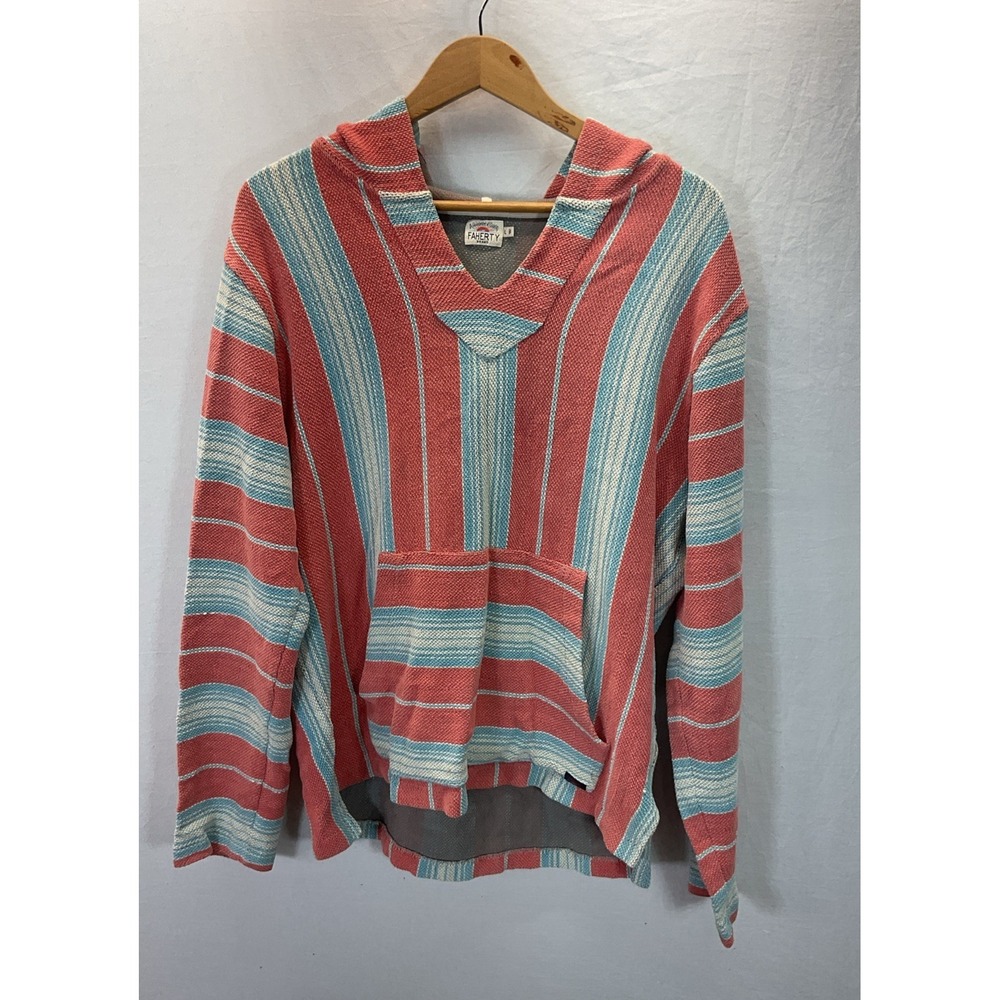 Faherty Hoodie Mens L Orange Blue Stripe Pullover Baja Poncho Cotton
